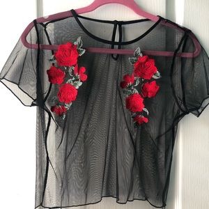 Mesh top with rose appliqués